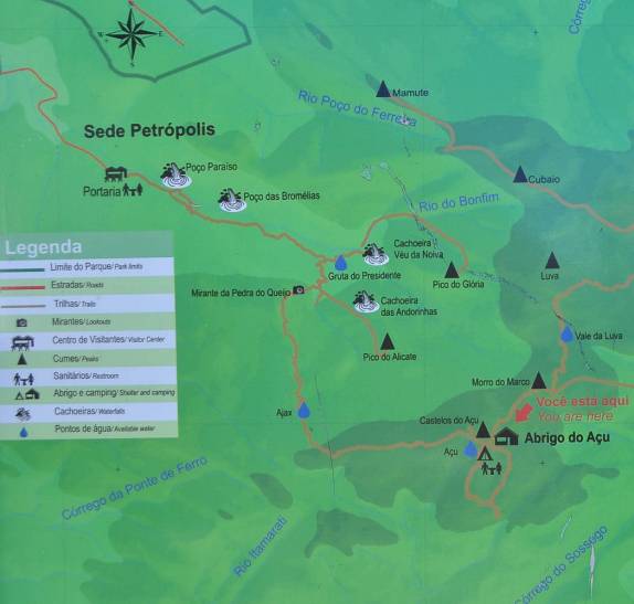 Mapa do nosso primeiro dia na travessia do Parque Nacional da Serra dos Órgãos, no Rio de Janeiro, saindo da Portaria Petrópolis e chegando ao Castelo do Açu